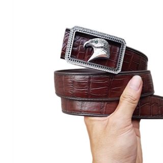 Thắt lưng cá sấu khóa chim ưng màu bạc - Dây nâu sang trọng E845